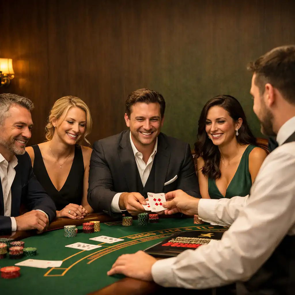 Goście bawiący się przy stole do blackjacka, krupier rozdaje karty